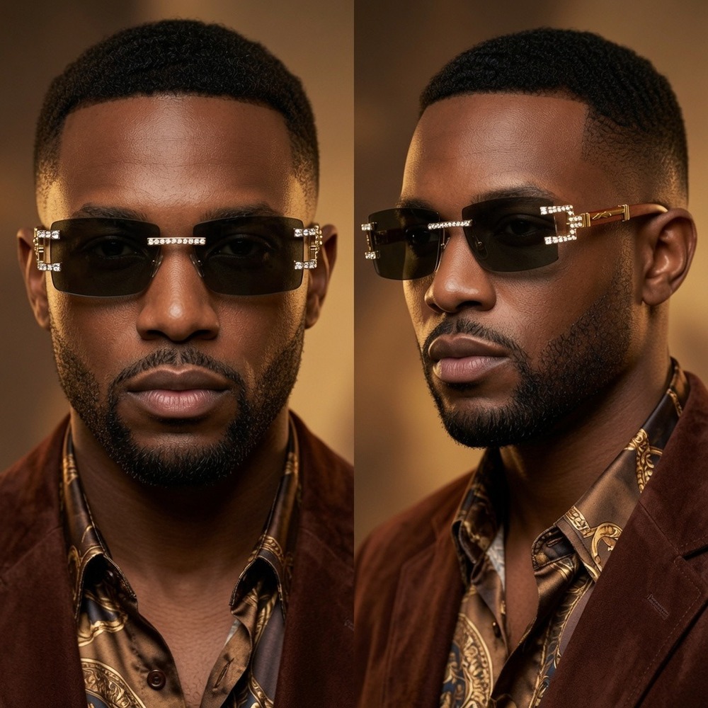 Men Sunglasses Rhinestone‎ Rimless Square Shades Hip Hop Style Buffs Street Wear